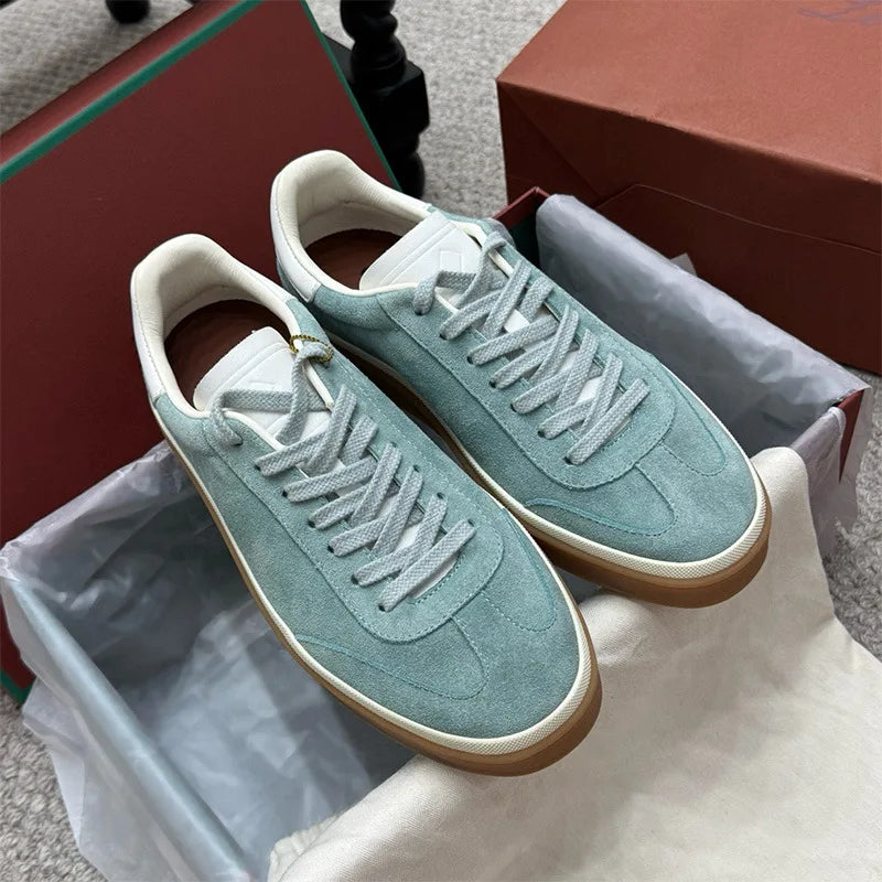 Men's Genuine Leather Lace Up Round Toe Trainer Shoes White