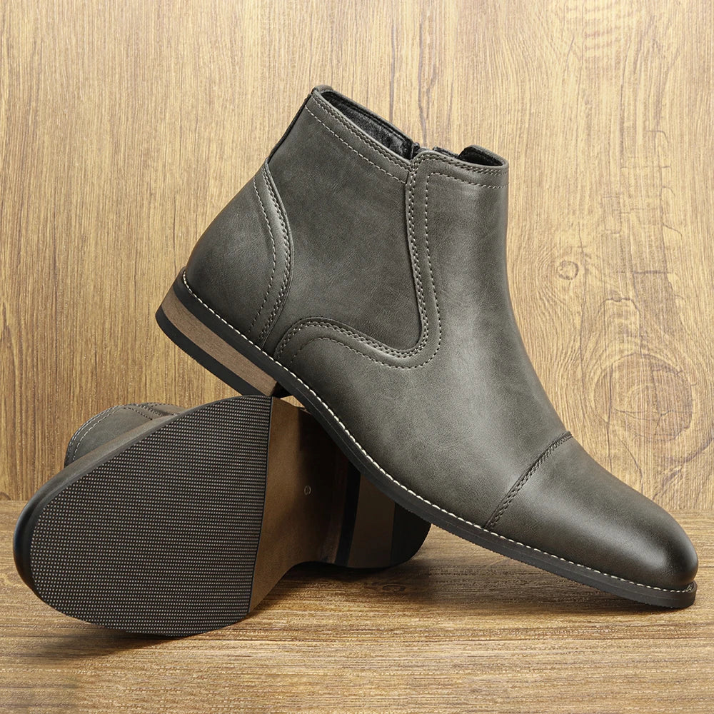 Men's Leather Ankle Boots, Comfortable Fit, Zip Closure, Low Heel
