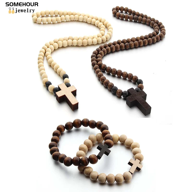 Wood Bead Cross Necklace & Bracelet Set – Religious Accessories for All