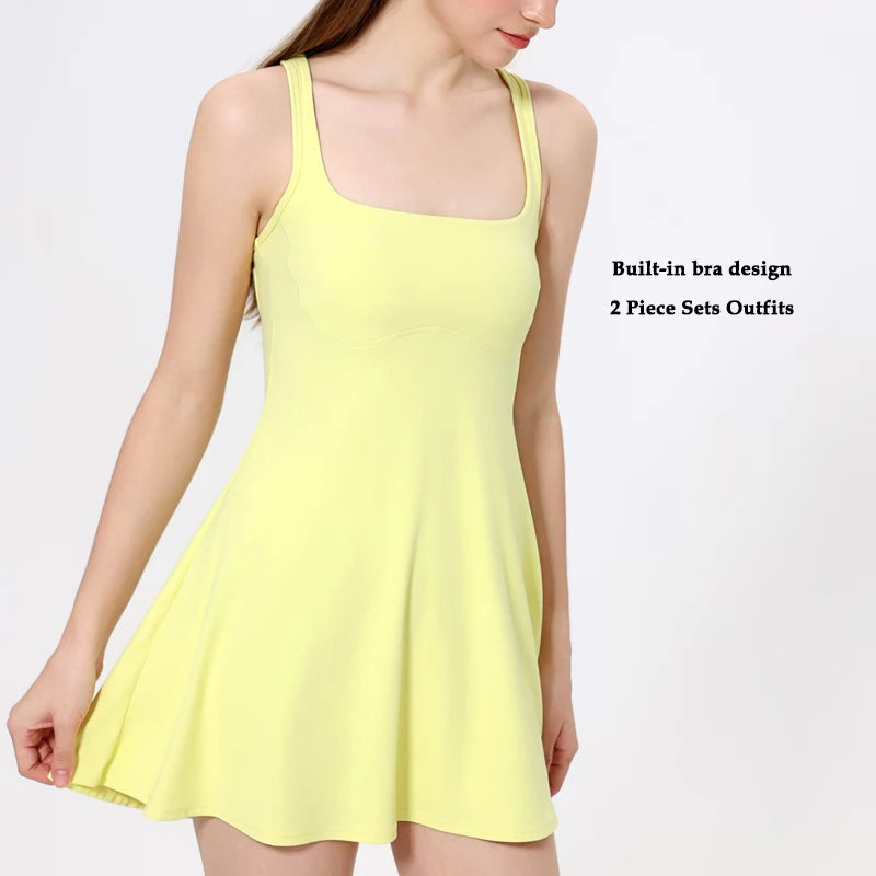 VITALINOVO Square Neck Womens Two Pieces Tennis Dress with Shorts Open Racerback Built-in Bra Workout Athletic Golf Dresses