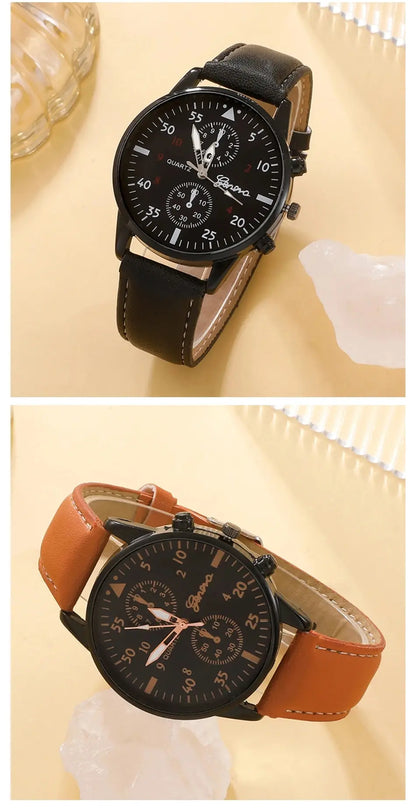 Elegant Leather Watch & Bracelet Set for Men – Fashion Quartz Wristwatch