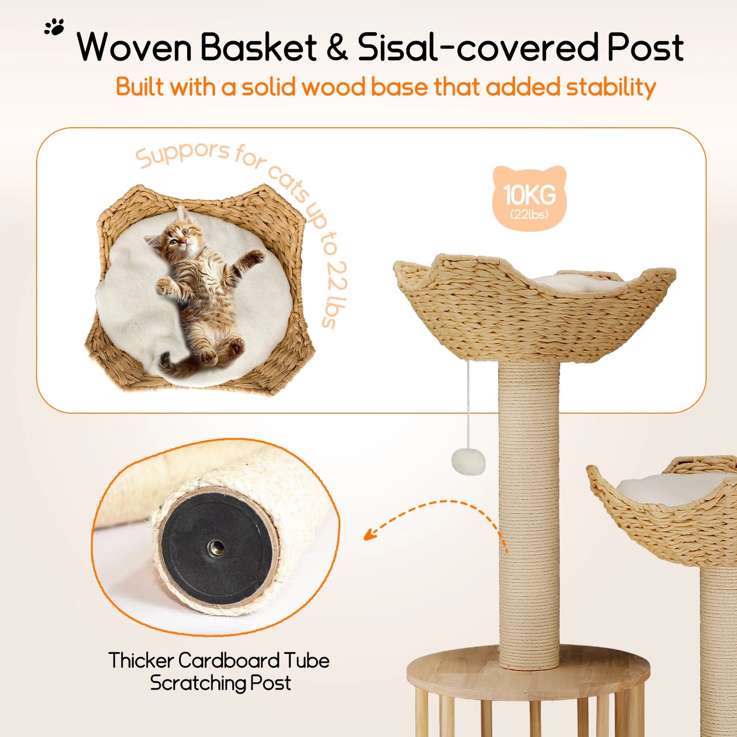 3-Tier Cat Tree Padded Plush Napping Perches Kitten Condo Sisal Rope Scratching Posts and Hanging Toy Tower for Indoor Kitties