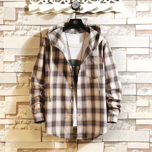 Hooded Cardigan Shirts Men Single Breasted T Shirt Long Sleeve Hooded Blouses Plaid Casual Shirts Pockets Outerwear Loose