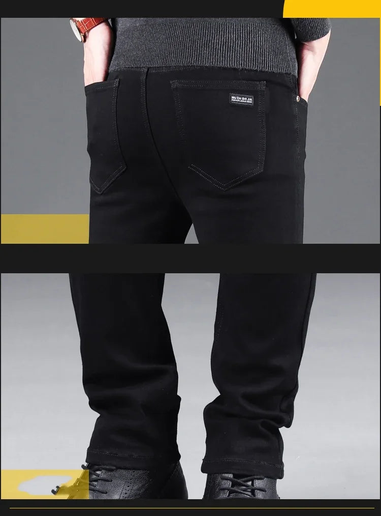 Men's Black Slim Jeans With Elastic Waist Straight Leg Denim Pants