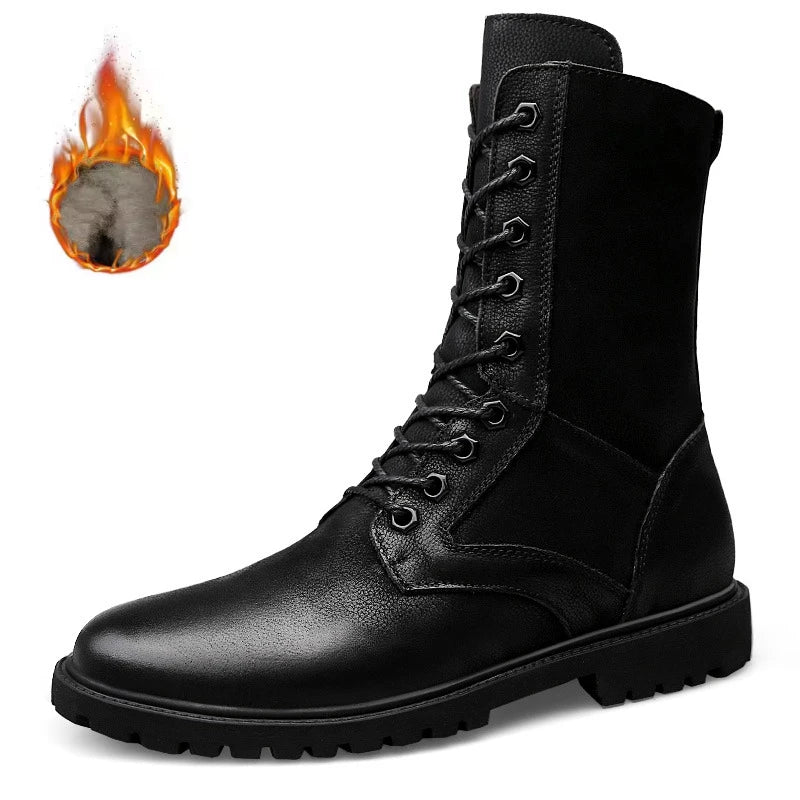 Men's Leather Motorcycle Boots Mid-Calf With Plush Lining