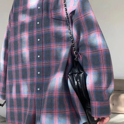 Oversized Plaid Shirt For Women Long Sleeve Button-Down Korean Style