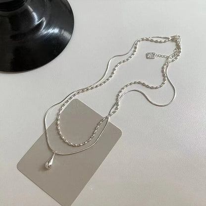 Silver Drop Pendant Necklace For Women Long Layered Double Collar Chain