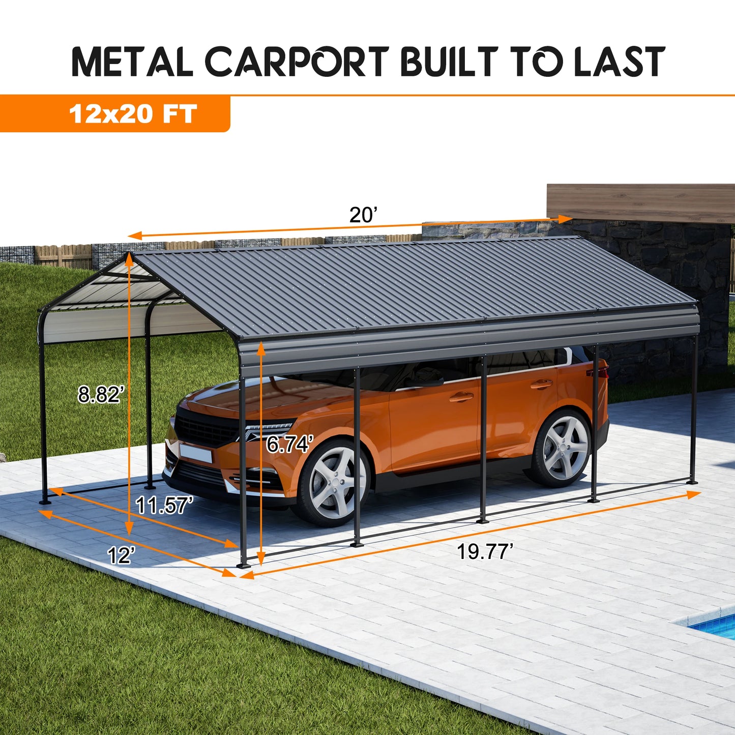 12x20 FT Heavy Duty Metal Carport, All-Weather Galvanized Steel Shelter for Cars, Trucks, Boats & SUVs in Black