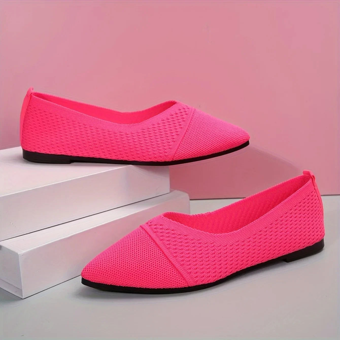 Women's Pointed Toe Flat Shoes Solid Color Knitted Slip on Ladies Shoes Casual Breathable Ballet Women Flat Shoes Loafers Women