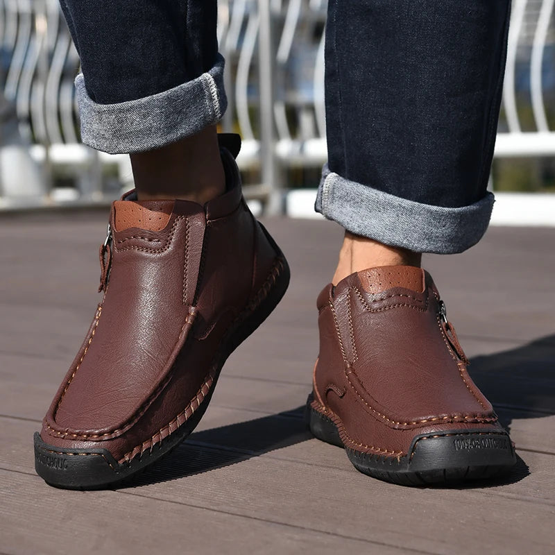Leather Men Ankle Boots Slip On With Zipper Casual Breathable