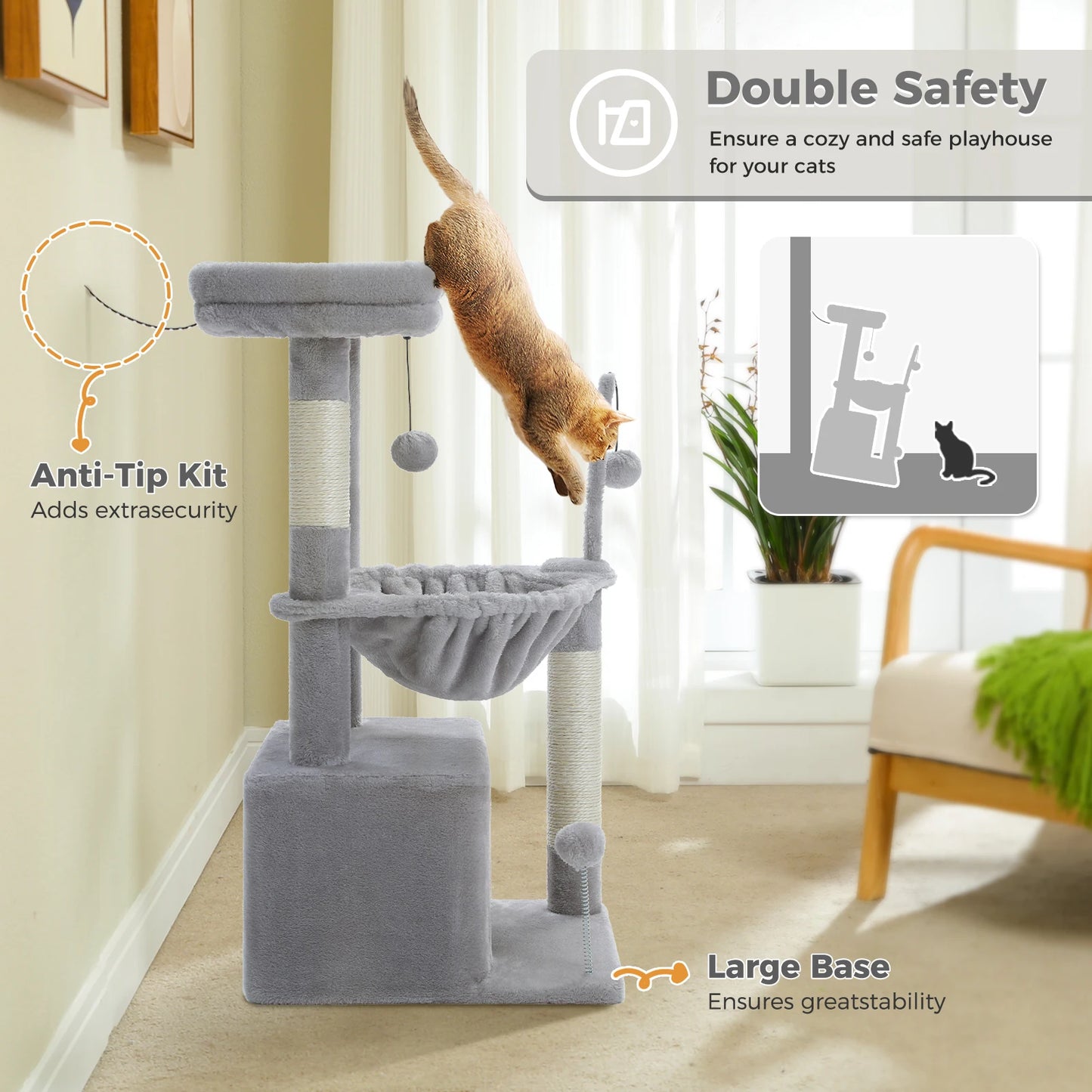 Small Cat Tree with Cozy Condo Hammock Top Perch Cat Scratching Post for Indoor Multi-Level Cat Tower Cat Scratcher Kitten Toys