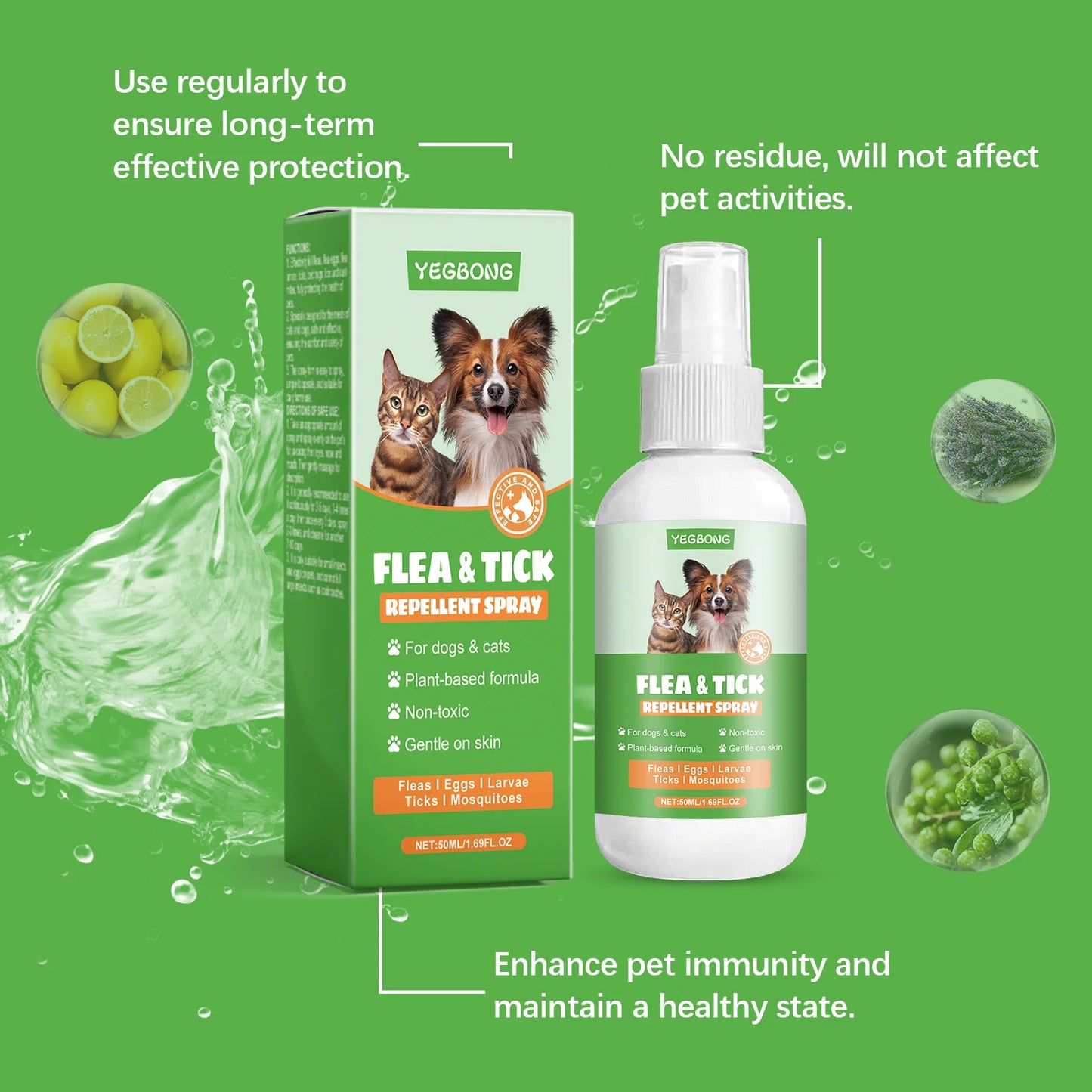 YEGBONG 50ml Pet Flea Mite Defense Spray Hypoallergenic Gentle Coat Care for Dogs and Cats with Non Toxic Plant Based Formula