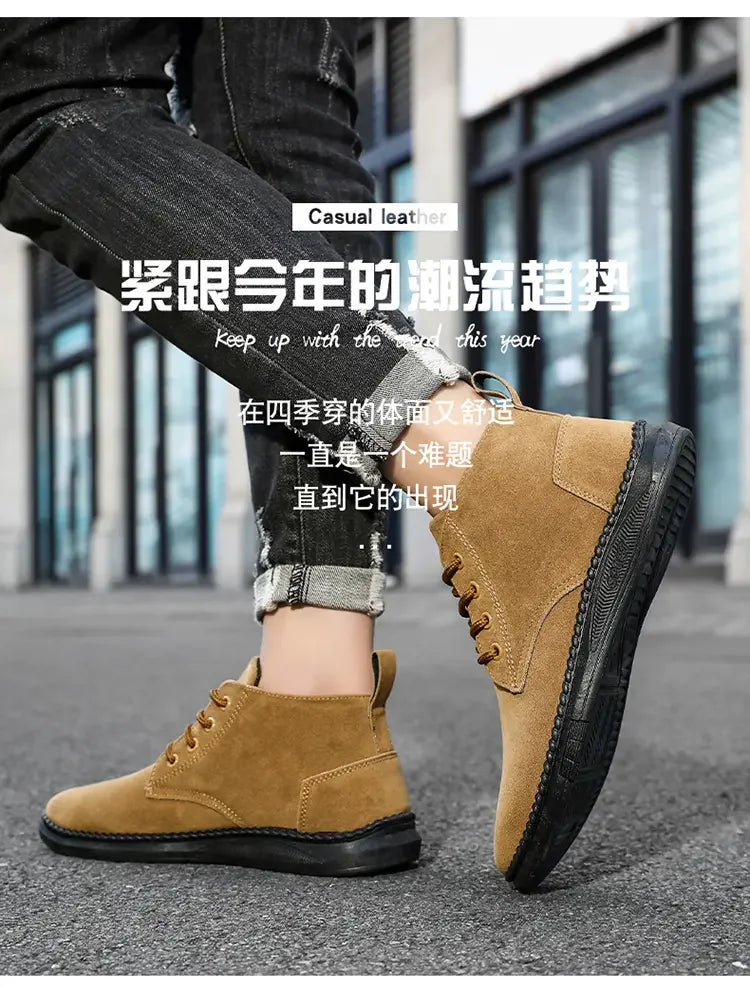 High Top Casual Board Shoes Men's Lace Up Suede Black Flat Bottom Short Boots Men's Chelsea Boots High-quality Brand Denim Boots