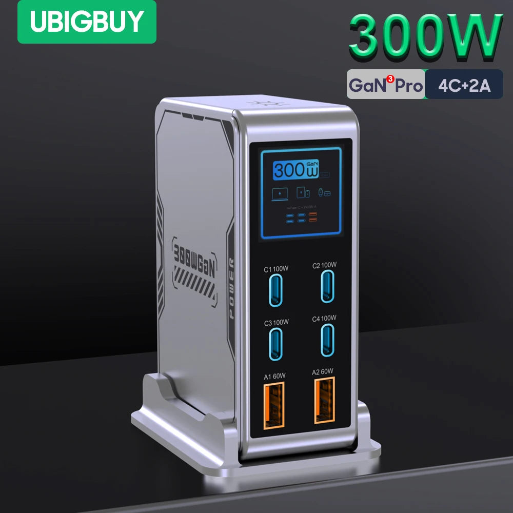 Ubigbuy 300W GaN Charger PPS PD 100W USB Type C 6-Port Digital Display Desktop Fast Charging Station for MacBook iPhone Samsung