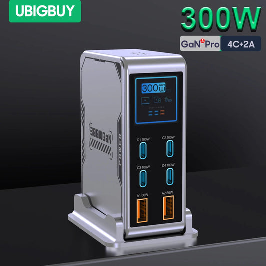 Ubigbuy 300W GaN Charger PPS PD 100W USB Type C 6-Port Digital Display Desktop Fast Charging Station for MacBook iPhone Samsung