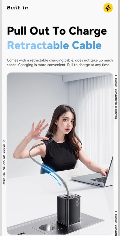 65W GaN USB C Charger With Retractable Cable PD Fast Charging