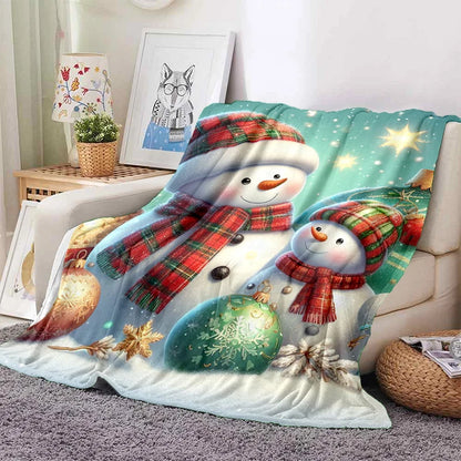 Cartoon Santa Snowman Throw Blanket Flannel Polyester Cotton