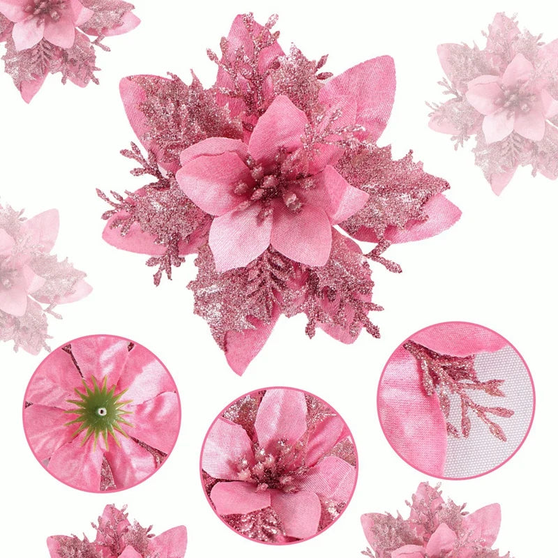 Artificial Pink Christmas Flowers – Xmas Tree Toppers for Home & Holiday Decor