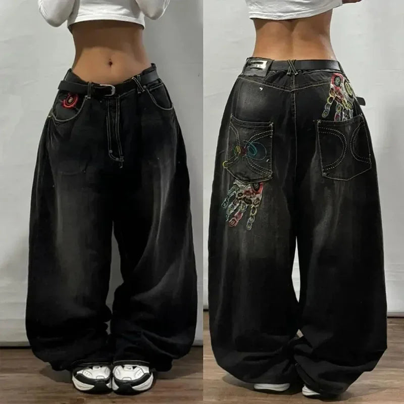American Fashion Trend Joker Pattern Embroidered Loose Jeans Women Street Y2K New Hip Hop Oversized Wide-leg Pants Unisex Jeans