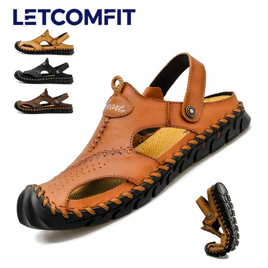 Men Cowhide Sandals Slip On With Rubber Bottom Casual Outdoor