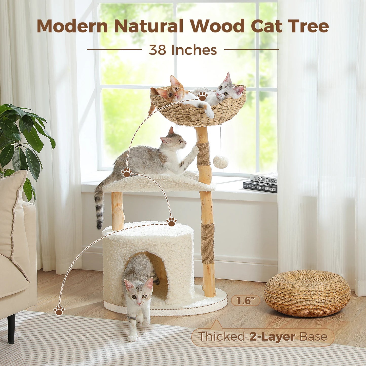 Solid Wood Cat Tree Modern Cat Tower with Spacious Cat Condo,Flower Perches,Fun Pompom,Double Comfort Perfect for Indoor Kittes