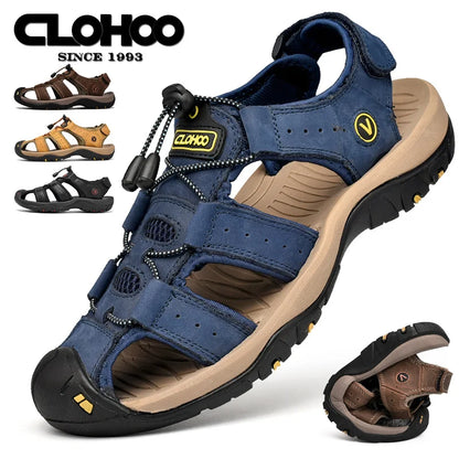 Men's Leather Sandals Handmade Thick Rubber Sole Breathable Slip On