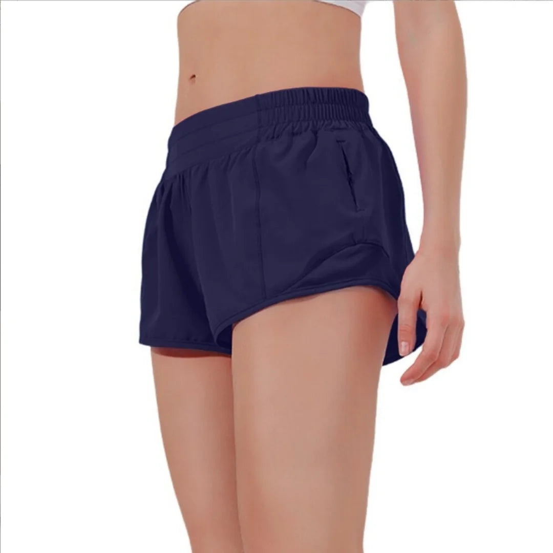 Quick drying sports shorts with lined zipper pockets, women's high waisted running shorts