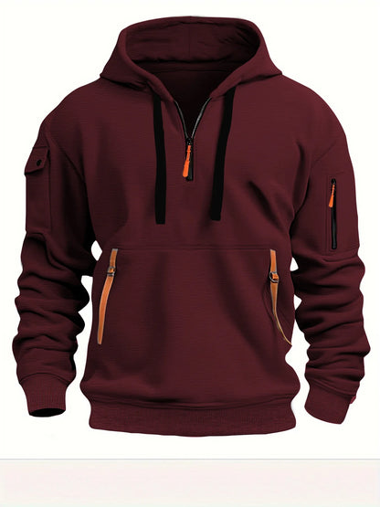 Men Hooded Windproof Pullover Hoodie With Arm Pockets Multi Zipper