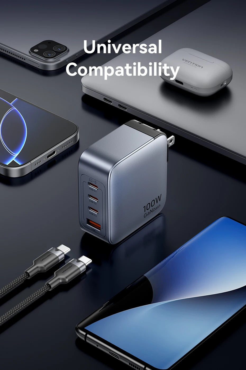 Vention USB Charger 100W GaN Charge for iPhone 16 15 14 PD Fast Charging for iPad Xiaomi Samsung USB Type C Mobile Phone Charger