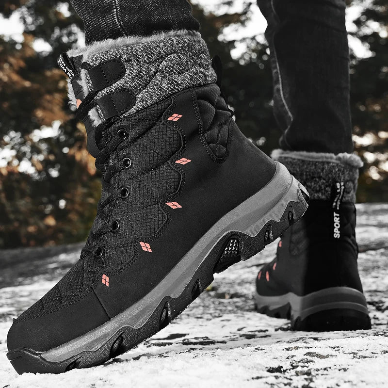 Men's Winter Snow Boots Leather Waterproof Mid-Calf Plush Lining Lace-Up