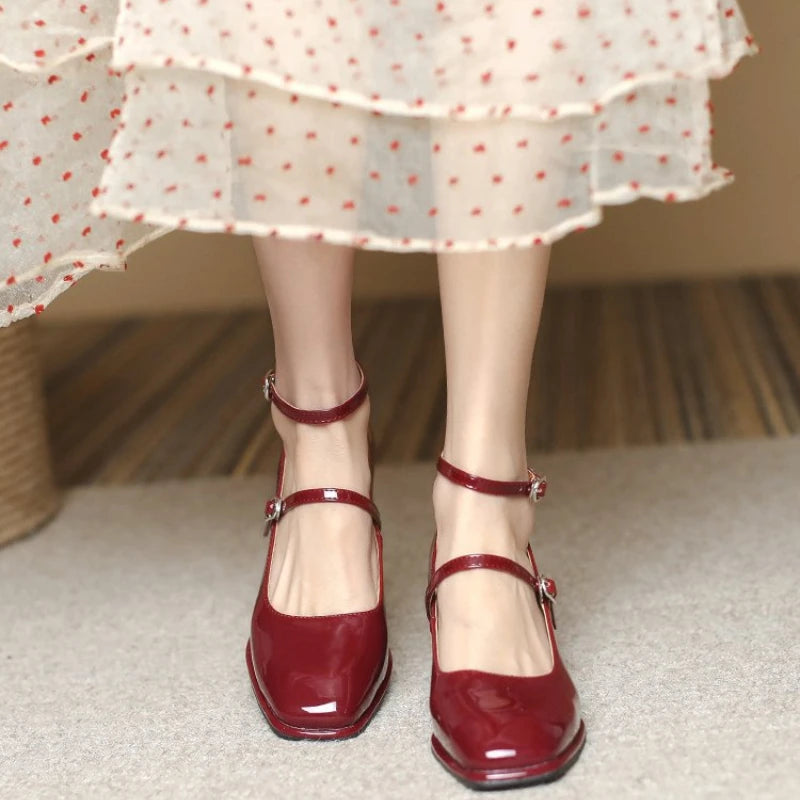 Leather Mary Jane Pumps Buckle Strap Shallow Square Toe High Heel Women