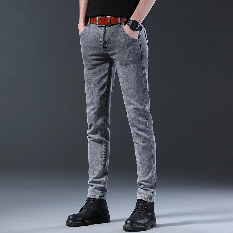 Men's Slim Fit Jeans Gray Elastic Mid-Waist Denim Straight Leg