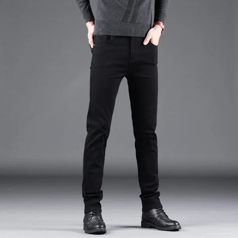 Men's Elastic Slim Black Denim Jeans Straight Leg