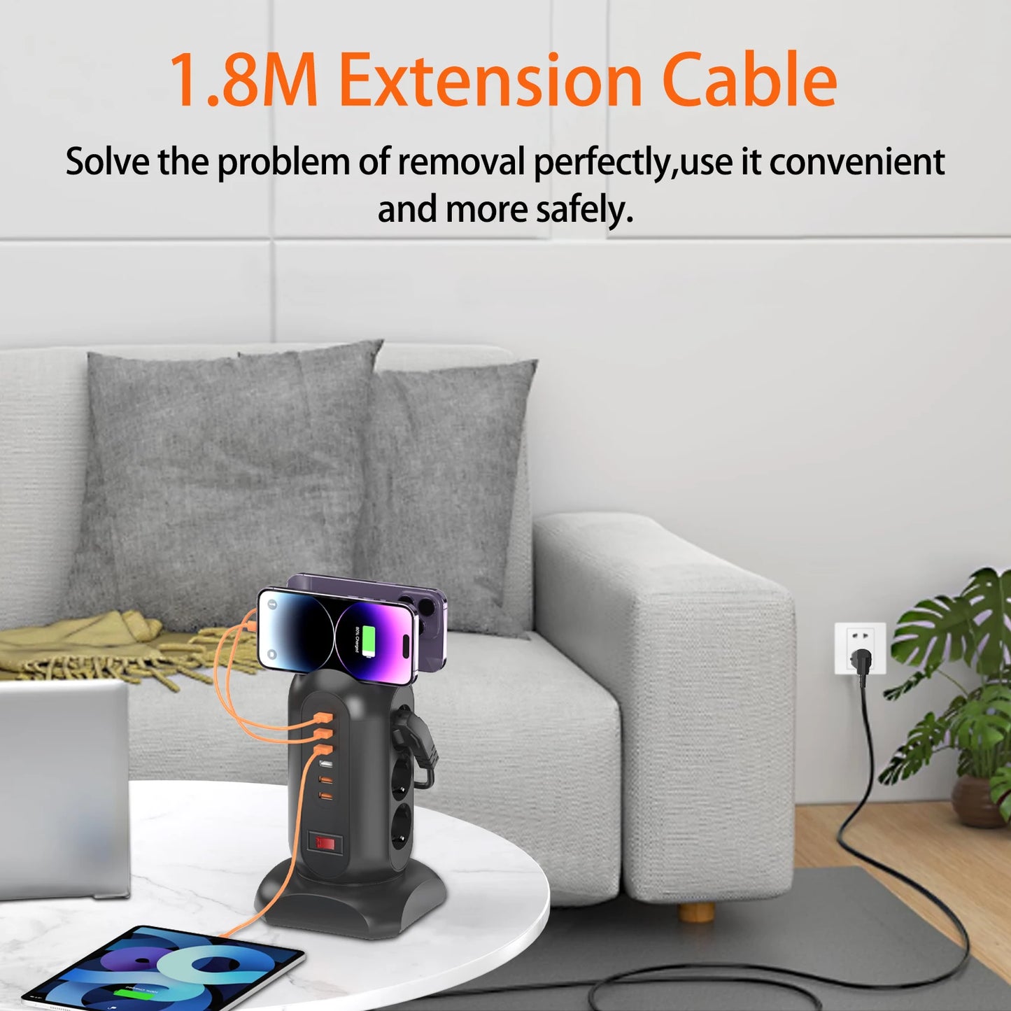9 way Multiple Socket Power Strip with 6 USB Vertical EU Outlets Tower Socket with 1.8M Extension Cord Surge Protection for home