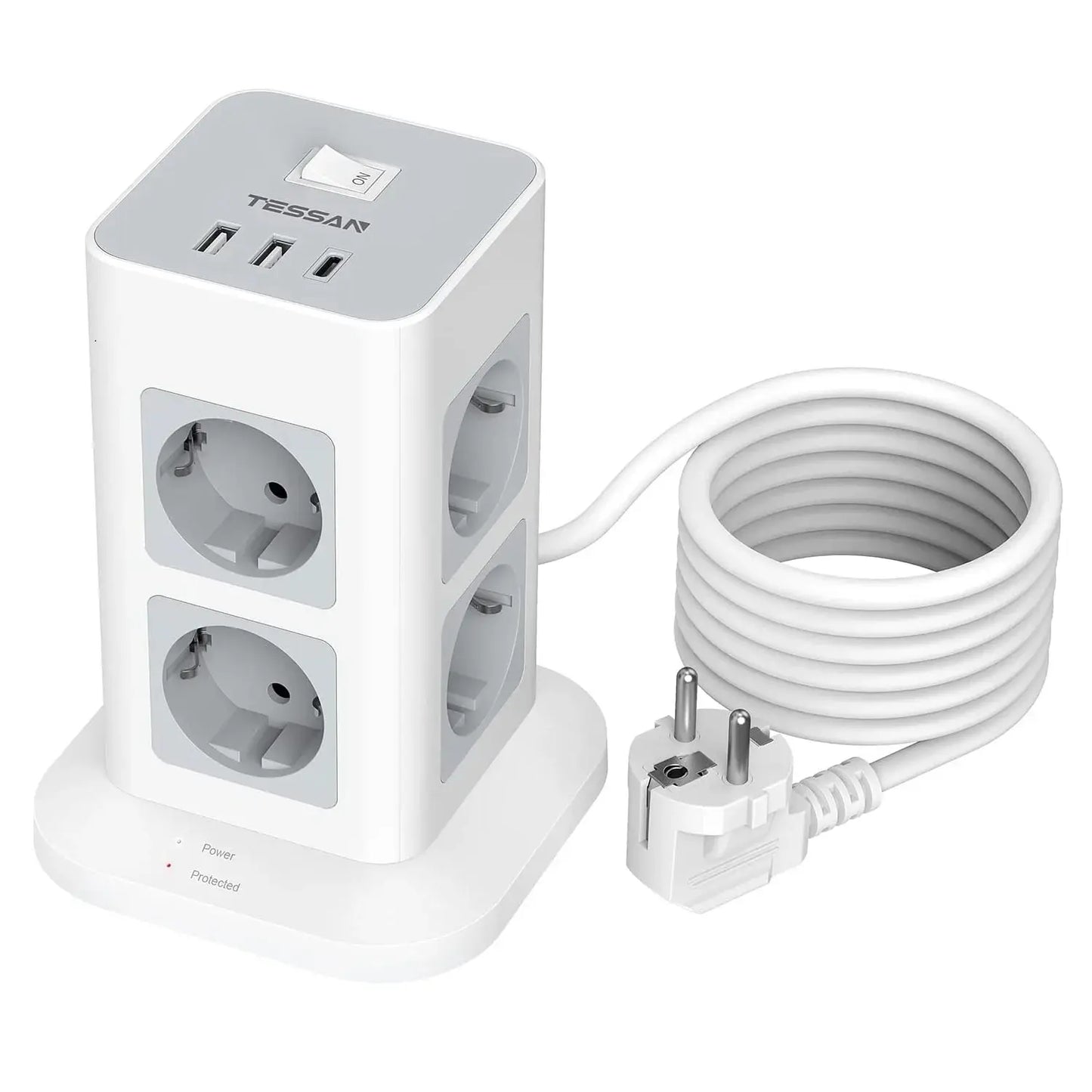 TESSAN Tower Power Strip Multi Outlets with 2 USB +1 Type C 2M Extension Cable EU Plug Vertical Electric Socket Surge Protection