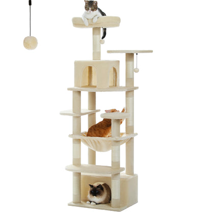 Cat Tree Tower With Five Levels, Wood Frame, Plush Fabric, Sisal