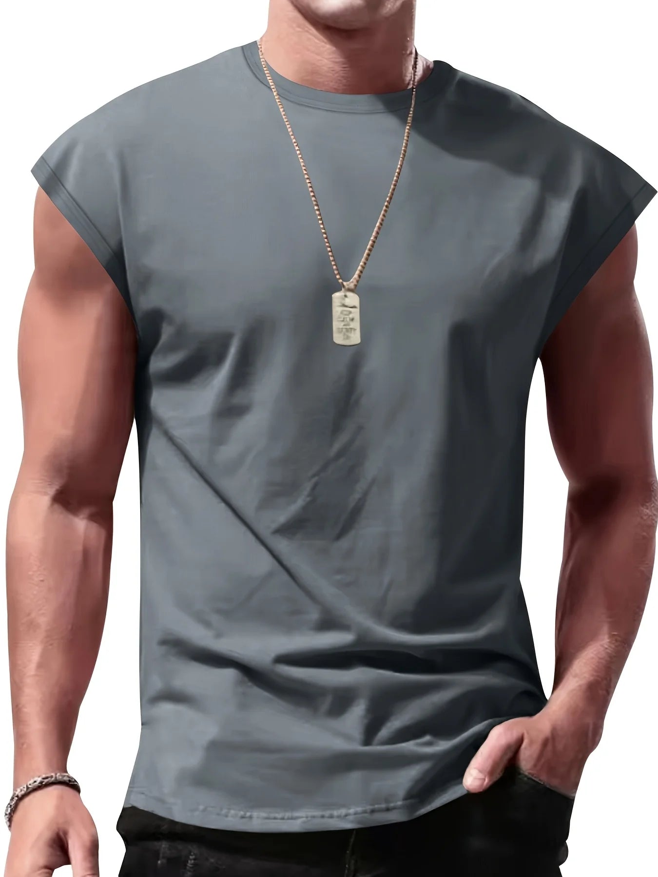 Men'S Summer Solid Color Sleeveless Tank Top Breathable Suitable for Casual Sports Versatile Style