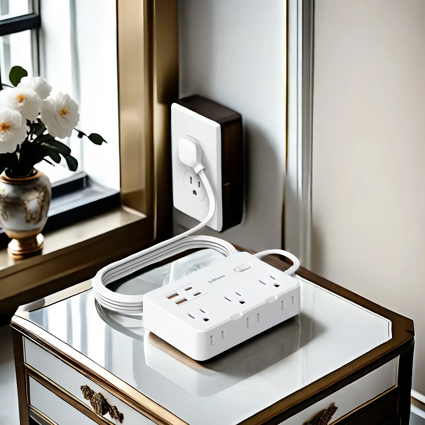 Surge Protector Ultra Thin Flat US Plug with 6 Widely Outlets 4 USB Ports,5ft Extender Cable,Power Strip Adapter for Home Office