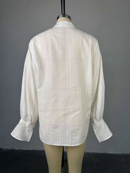 Women White Cotton Oversize Shirt Long Sleeve Stand Collar