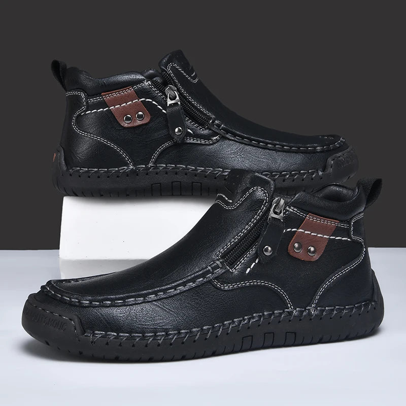 Leather Men Ankle Boots Slip On With Zipper Casual Breathable