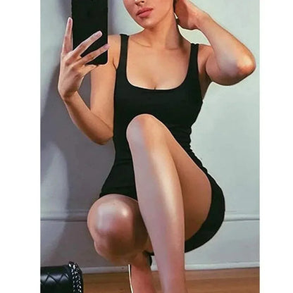 Summer Women Sleeveless Spaghetti Strap Mini Sheath Dress Polyester Elastane