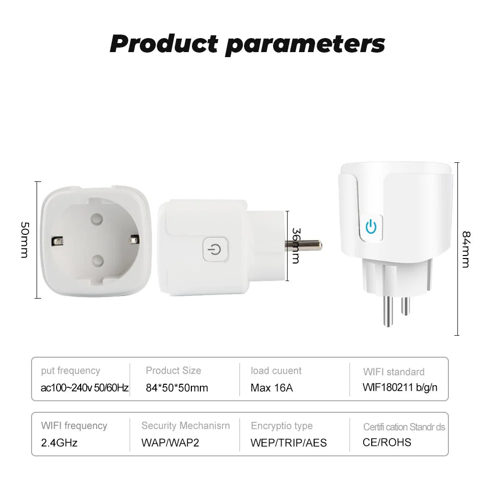 Tuya WiFi Smart Plug 16A/20A EU Smart Socket With Power Monitor Timing Smart Life Support Alexa Google Home Yandex SmartThings