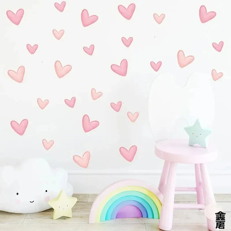 60Pcs Soft Pink Big Small Heart Shape Wall Stickers for Waterproof Removable PVC  Home Decoration