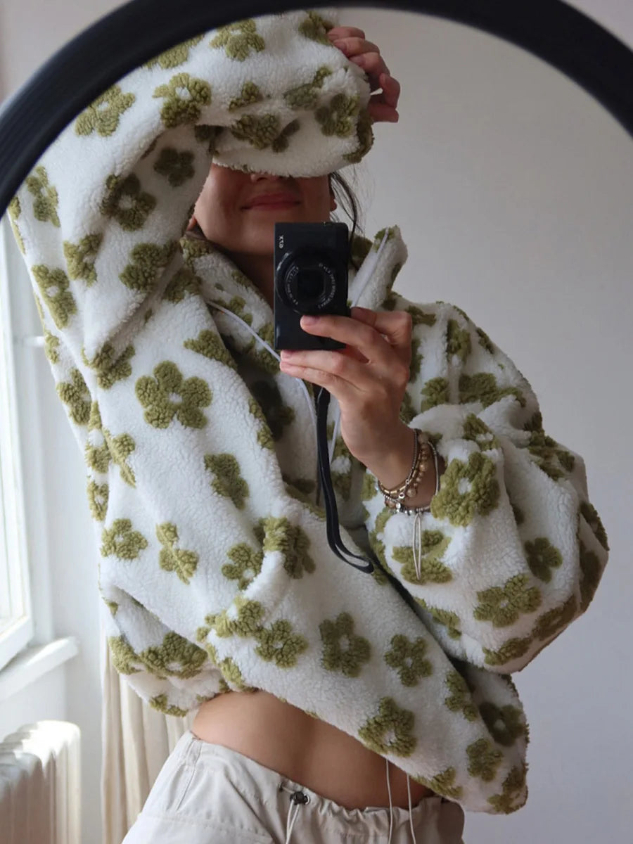 Blubelle New Autumn Winter Women's Sherpa Floral Pullover Hoodies Half Zip Style Loose Fit Warm Stylish Sweatshirt