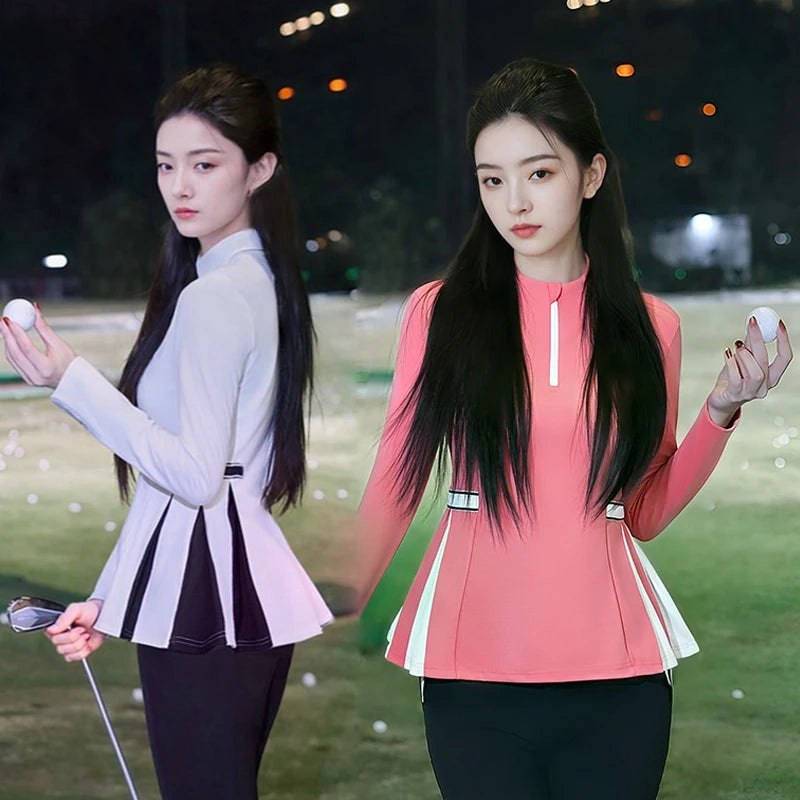 2025 New Golf Shirt Women Long Sleeve Zipper Collar T-Shirt Ladies Slim Pleated Golf Tops Breathable Casual Tennis Sportswear