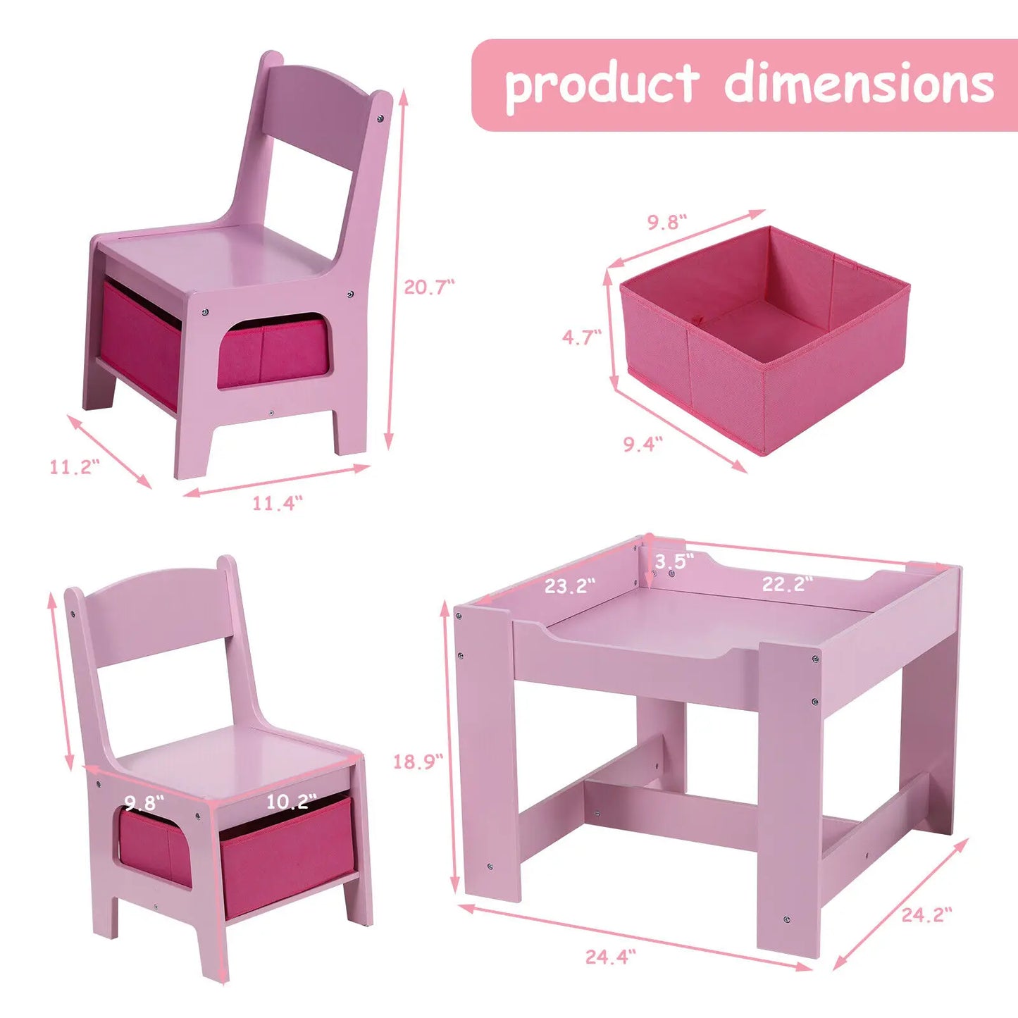 Kids Table and 2 Chairs Set W/ Storage Drawer Wooden Activity Table For Toddlers Detachable for Children Drawing Reading