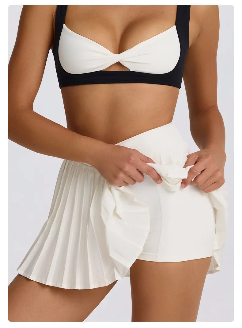 Women's High-Waisted Illusion Two-Piece Skort Quick-Dry Breathable Anti-Chafing Pleated Skirt for Running Gym Tennis