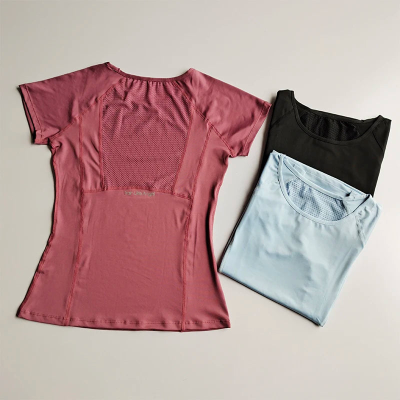 Spring and Summer Loose Women's Sports Short-sleeved Quick-drying Running Yoga Fitness T-shirt Mesh Breathable Neck Pullover Top