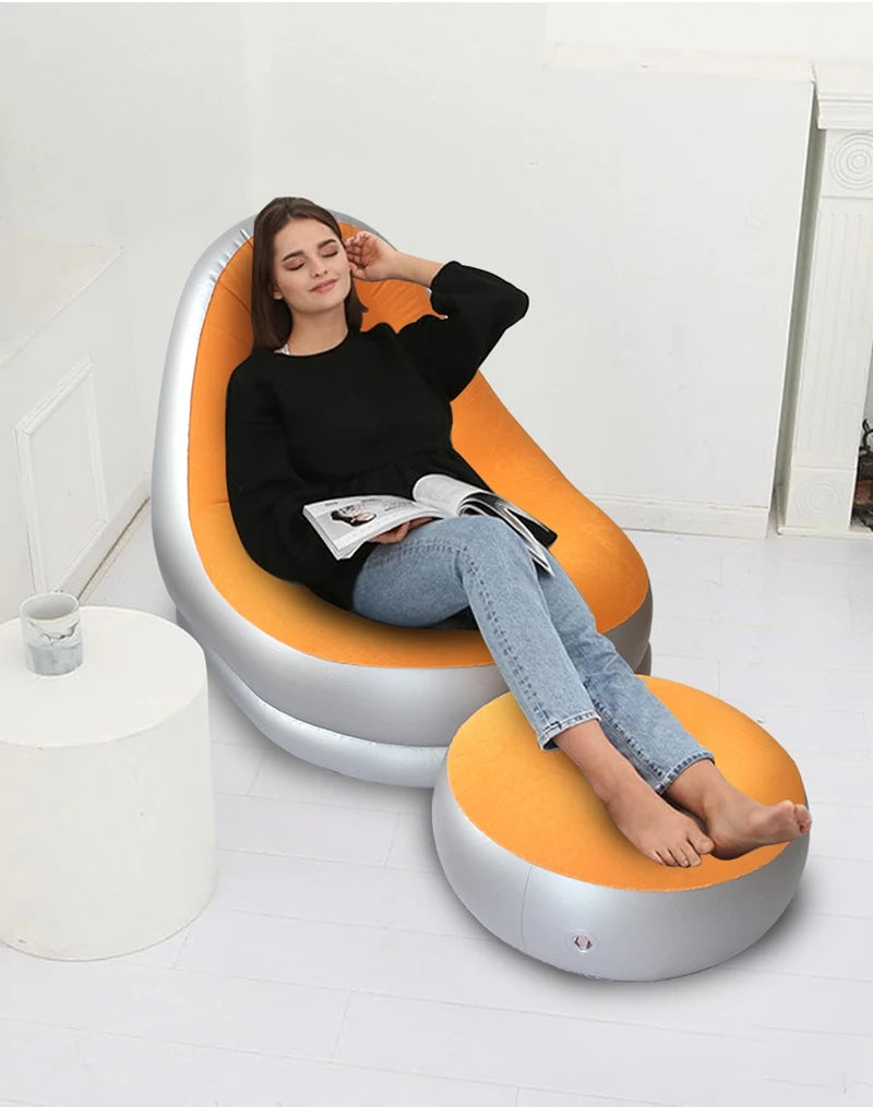 6 Colors Inflatable Lazy Sofa with Footstool Portable Beach Lounge Chair Foldable Air Mattress Outdoor Camping Sleeping Pad