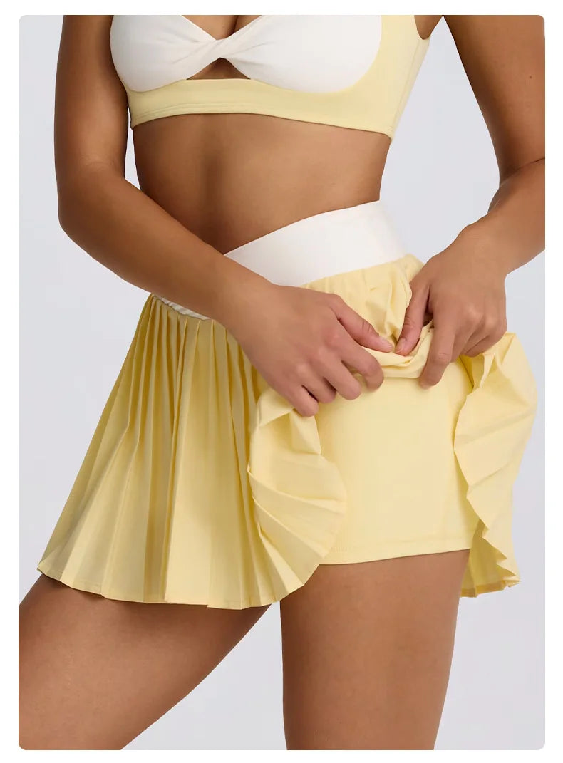 Women's High-Waisted Illusion Two-Piece Skort Quick-Dry Breathable Anti-Chafing Pleated Skirt for Running Gym Tennis